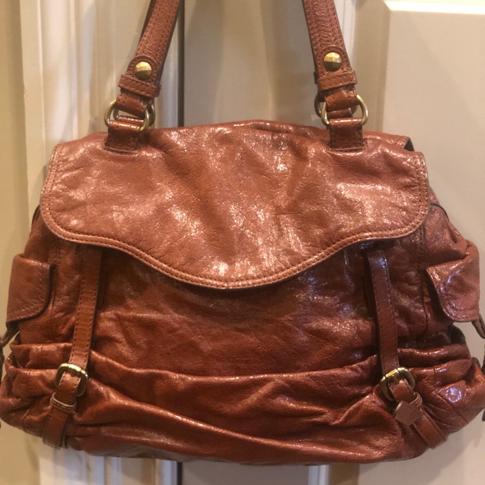 Kooba brown leather handbag with brass buckles
